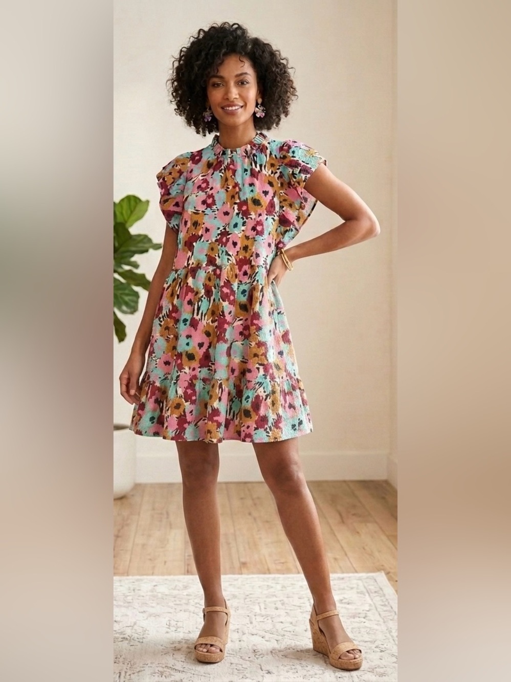 THML Abstract Floral Flutter Sleeve Tiered Babydoll Mini Dress S